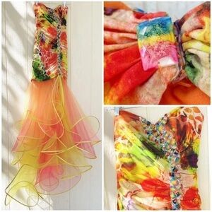 Panoply Sz 8 Long Strapless Formal Ruched Tulle Trumpet Gown Dress